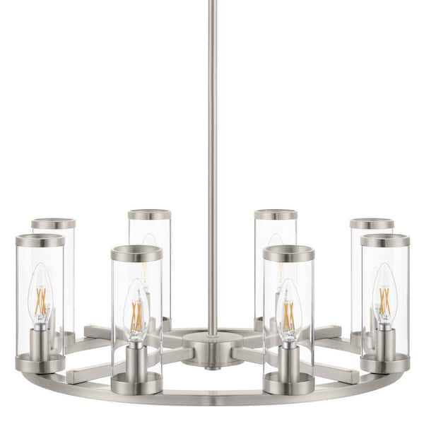 Loveland 8-Light Brushed Nickel Wagon Wheel Chandelier Light Fixture with Clear Glass Shades