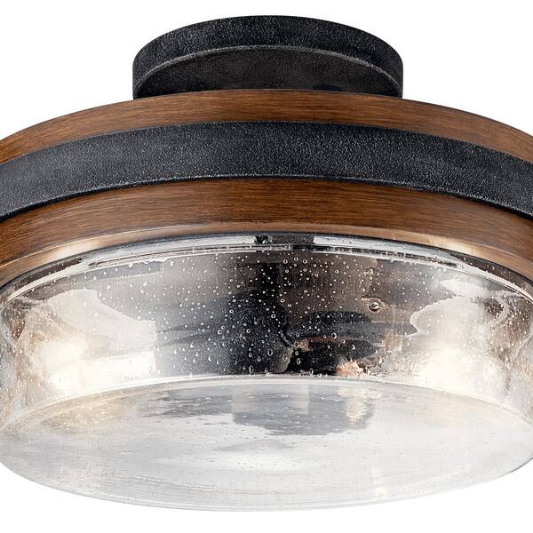 Grand Bank 12 in. 2-Light Auburn Stained Hallway Farmhouse Semi-Flush Mount Ceiling Light with Seeded Glass