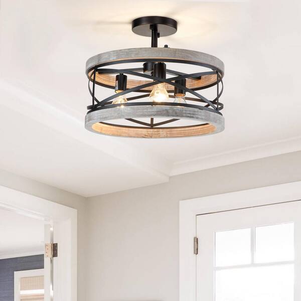 17.25 in. 3-Light Black Semi-Flush Mount with Wood Accent