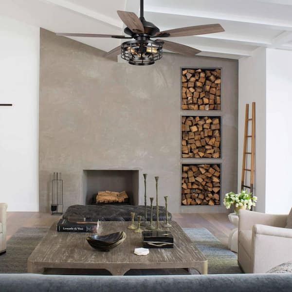 Paquette 52 in. Industrial Indoor Matte Black Ceiling Fan with Remote Control and Light Kit