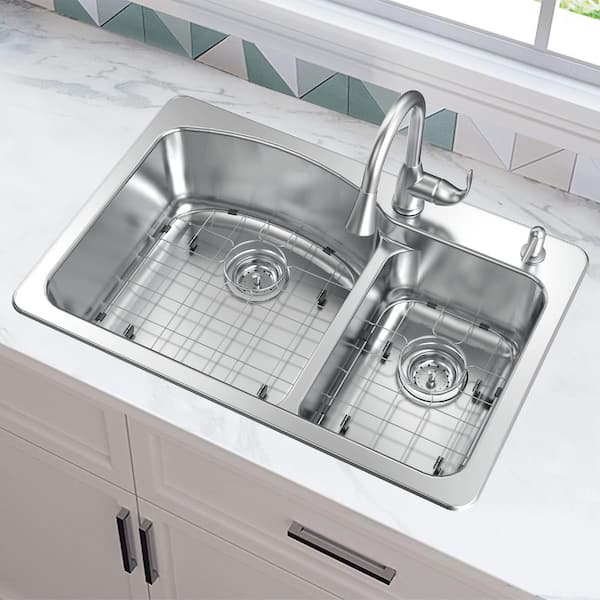 All in-One 33 in. Drop-in/Undermount Double Bowl 18 Gauge Stainless Steel Kitchen Sink with Pull-Down Faucet
