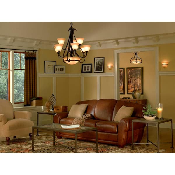 Torino Collection 9-Light Forged Bronze Tea-Stained Glass Transitional Chandelier Light