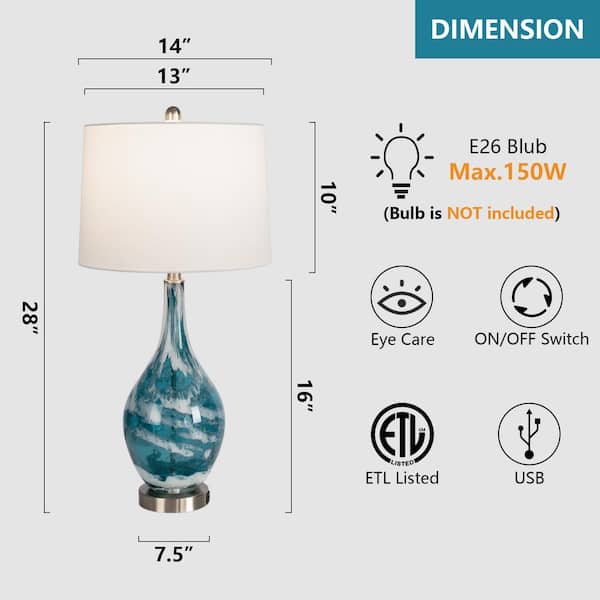 Denver 28 in. Blue Dimmable Table Lamp Set with USB (Set of 2)