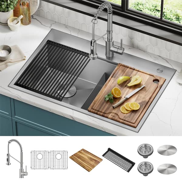 Loften 33 in. Drop-in/Undermount Double Bowl Stainless Steel Kitchen Workstation Sink with Faucet and Accessories