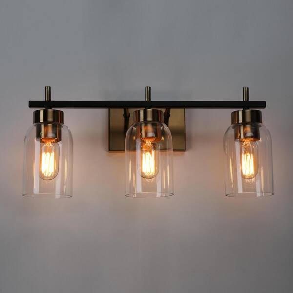20 in. Modern 3-Light Brass Gold Bathroom Vanity Light, Black Bath Lighting with Cylinder Clear Glass Shades