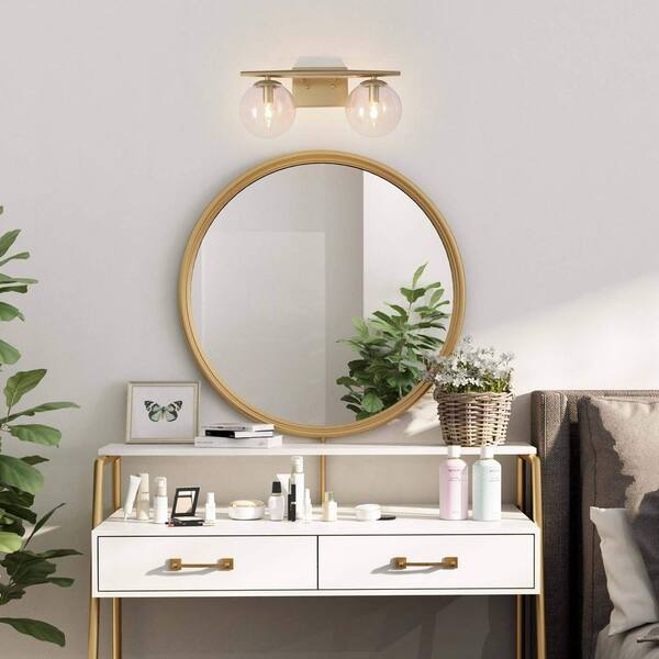 Mid-Century Globe Bathroom Vanity Light 2-Light Modern Brass Gold Round Wall Light with Clear Glass Shades