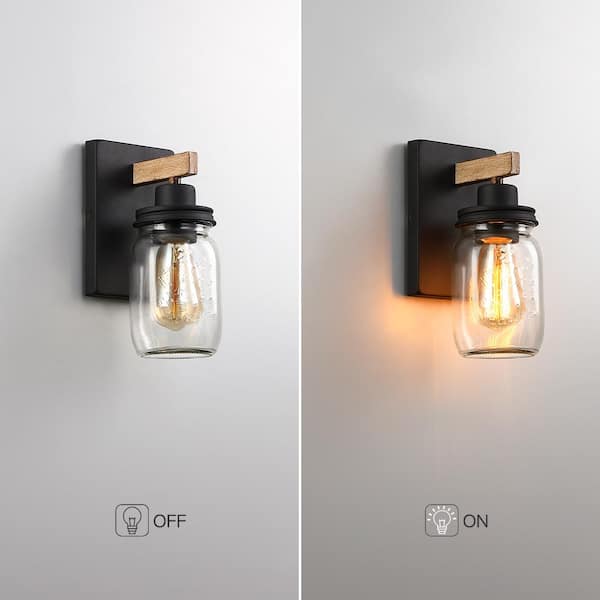 Eliton 1-Light Black/Wood Tone Rustic Farmhouse Wall Sconce with Clear Mason Jar Glass Shades