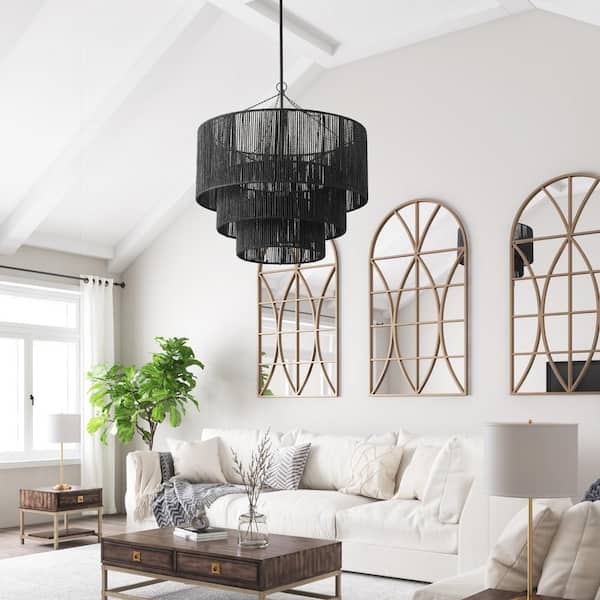 23.62 in. 1-Light Farmhouse Black Coastal Woven Chandelier with Rattan Basket Shade