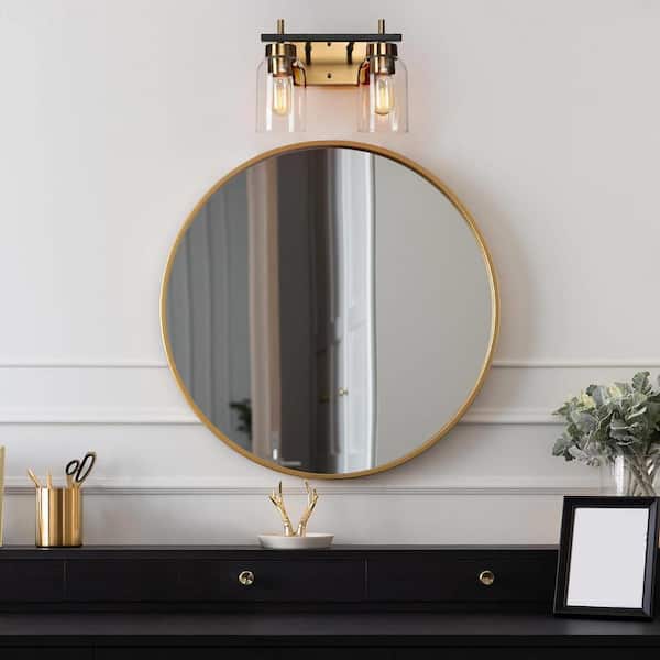 12 in. Modern 2-Light Brass Gold Bathroom Vanity Light, Black Bath Lighting with Cylinder Clear Glass Shades