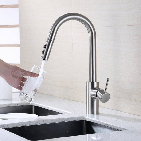 Single-Handle Pull-Down Sprayer Kitchen Faucet with 2-Function Sprayhead in Brushed Nickel