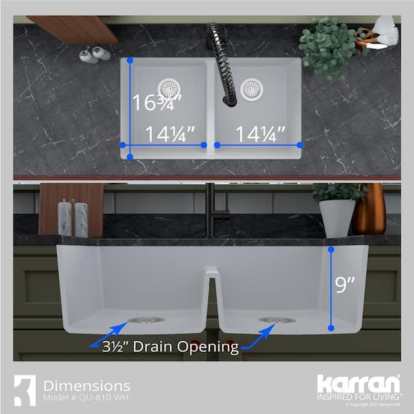 QU-810 Quartz/Granite 32 in. Double Bowl 50/50 Undermount Kitchen Sink in White with Bottom Grid and Strainer