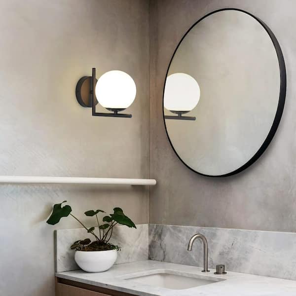 7.87 in.1-Light Black Modern Bathroom Vanity Wall Light with White Shade