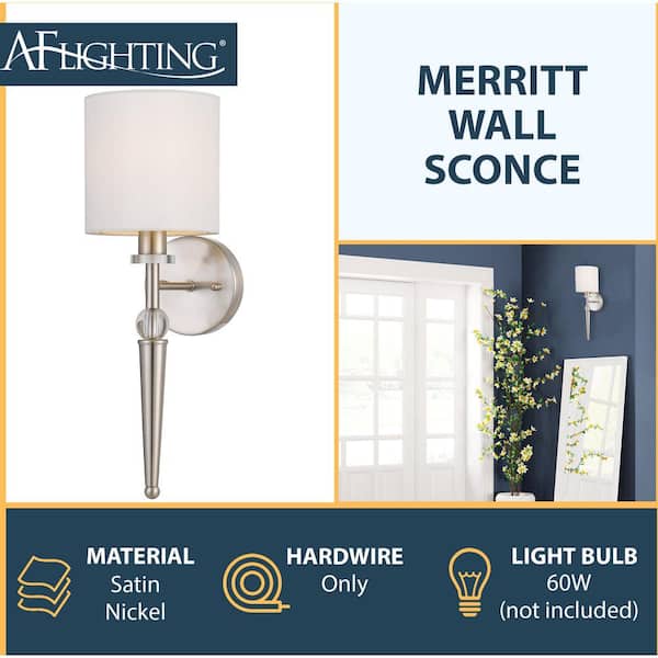 Merritt 1-Light Wall Sconce with Crystal Accents and Round Lampshade for Hardwire Installation Only, Satin Nickel