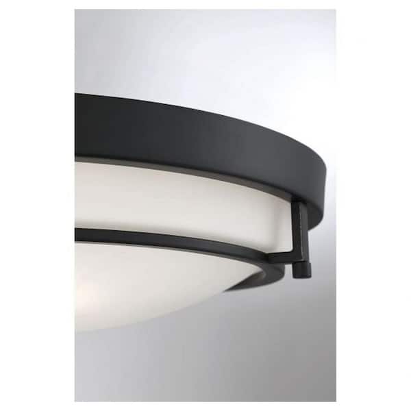 Meridian 13 in. W x 4 in. H 2-Light Semi-Flush Mount with Matte Black Metal Ring and White Glass Shade