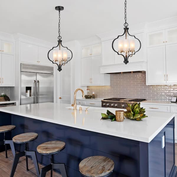 Modern 3-Light Black and Gold Chandelier with Glass Shade Candlestick Pendant Light