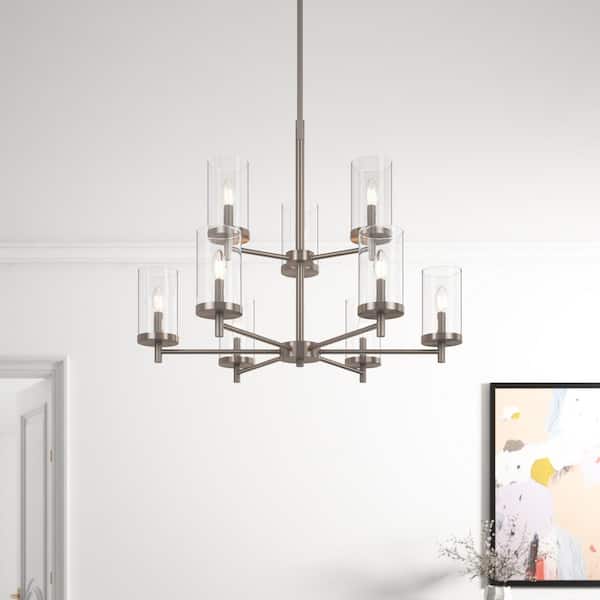 31 in. 9-Light 2-Tier Large Kitchen Island Chandelier Brushed Nickel Farmhouse Ceiling Hanging Fixture