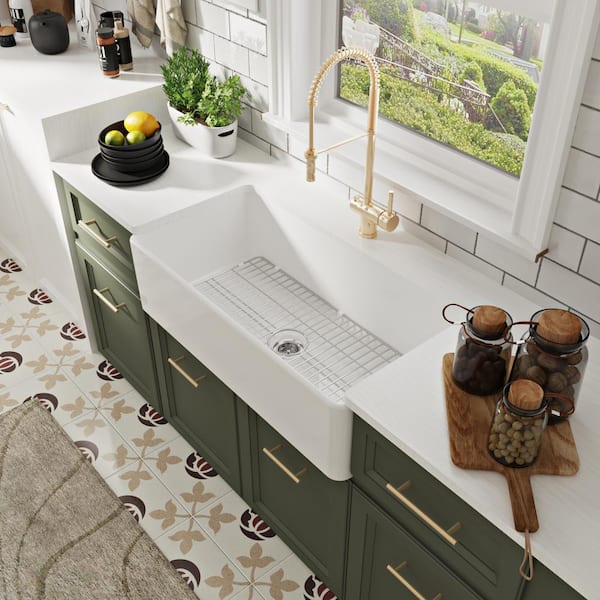 Grove White Fireclay 36 in. L x 18 in. W Rectangular Single Bowl Farmhouse Apron Kitchen Sink with Grid and Strainer