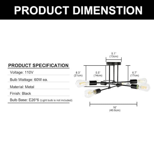 6-Light Black Sputnik Modern Linear Semi Flush Mount