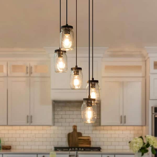Modern Farmhouse 5-Light Black DIY Cluster Chandelier with Mason Jar Glass Shades for Kitchen Island Foyer