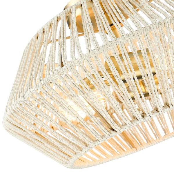 Bohe 16 in. 2-Light Brass/Beige Bohemian Woven Rope Semi-Flush Mount Ceiling Light