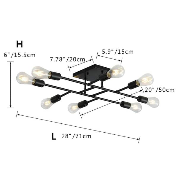 Modern 28 in. 8-Light Black Sputnik Linear Semi-Flush Mount Ceiling Lighting Fixture
