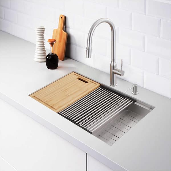 All-in-One Zero Radius Undermount 18G Stainless Steel 27 in. Single Bowl Workstation Kitchen Sink with Pull-Down Faucet