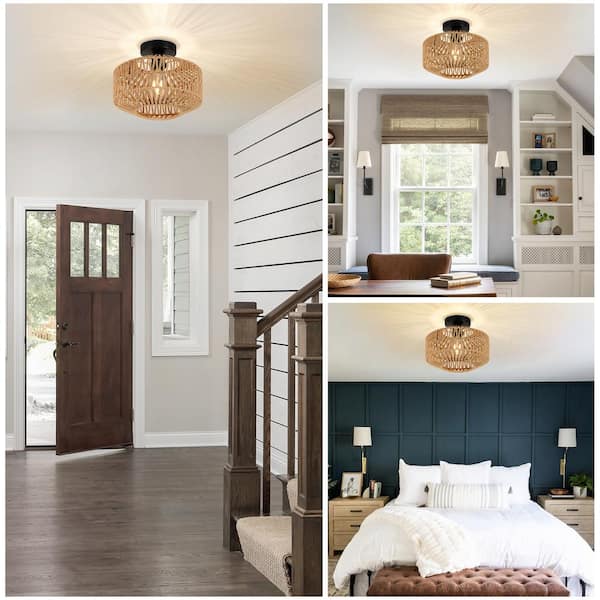 11.8 in. 1-Light Brown Rattan LED Semi-Flush Mount Light with Dimmable LED Bulb