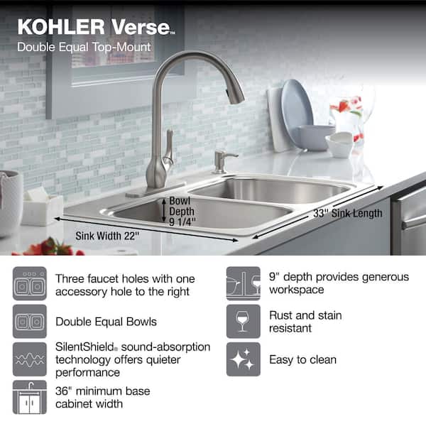 Verse Stainless Steel 33 in. Double Bowl Drop-In Kitchen Sink with Faucet