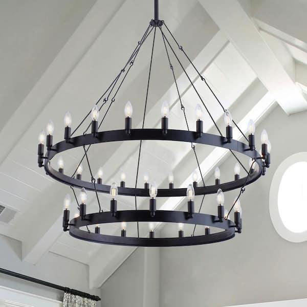47.2 in. 40-Light Farmhouse Black 2-Tier Wagon Wheel Candle Chandelier Round Industrial Pendant Lighting