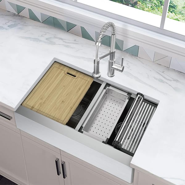 Professional 36 in Farmhouse ApronFront 16G 50/50 Double Bowl Workstation Stainless Steel Kitchen Sink with Accessories