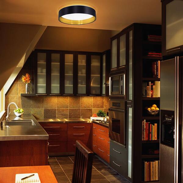 Maserlo 15.95 in. W x 4.125 in. H Black/Gold LED Semi-Flush Mount with White Plastic Diffuser