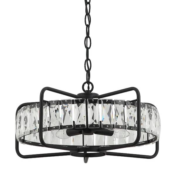 17 in. 4-Light Black Modern Crystal Chandelier with Metal Geometric Frame