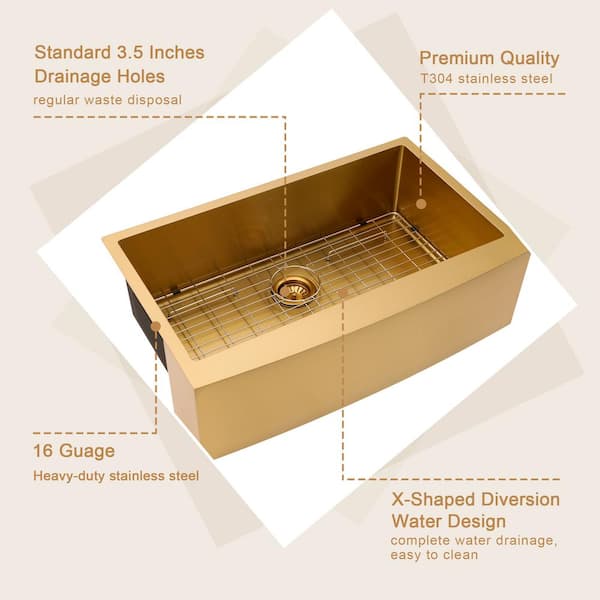 36 in. Farmhouse/Apron-Front Single Bowl 16-Gauge Gold Stainless Steel Deep Kitchen Sink with Bottom Grids