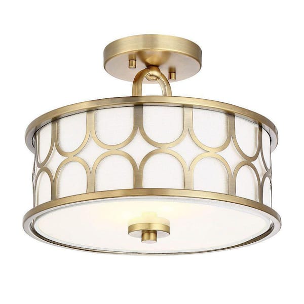 Meridian 13 in. W x 10 in. H 2-Light Natural Brass Semi-Flush Mount with White Fabric Shade and Geometric Metal Frame