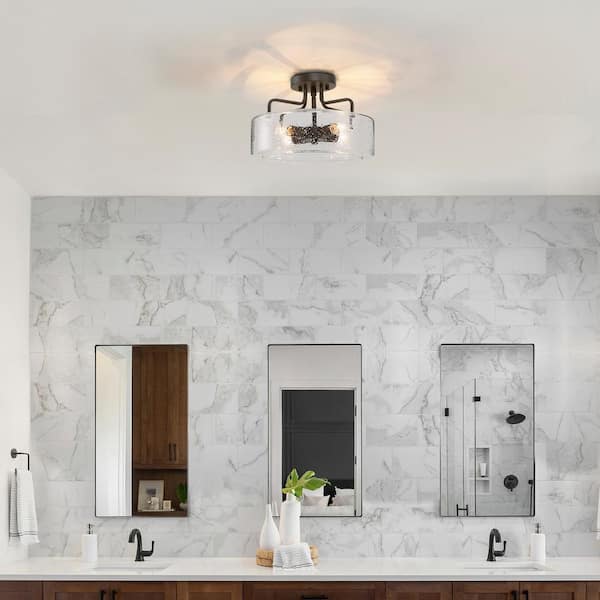 Modern Oil Rubbed Bronze Drum 12 in. 4-Light Semi-Flush Mount Ceiling Light with Seeded Glass Shade