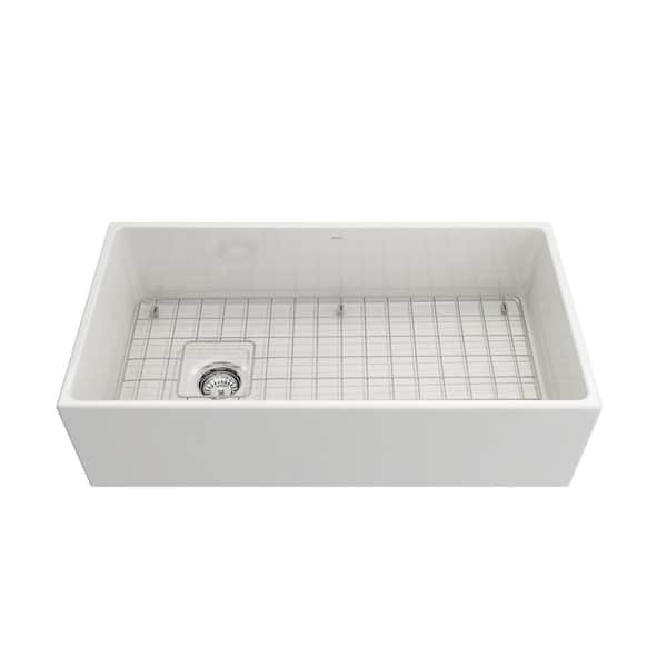 Contempo Farmhouse Apron Front Fireclay 36 in. Single Bowl Kitchen Sink with Bottom Grid and Strainer in White