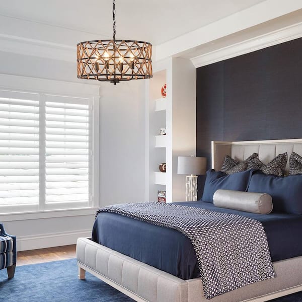 Trellis 20 in. 4-Light Black Drum Chandelier with Natural Rattan Shade