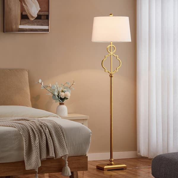 62 .5 in. Distressed Gold Floor Lamp with White Fabric Shade