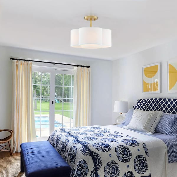 Celina 14 in. 4-Light Gold Canopy Semi-Flush Mount with White Scallop Fabric Shade