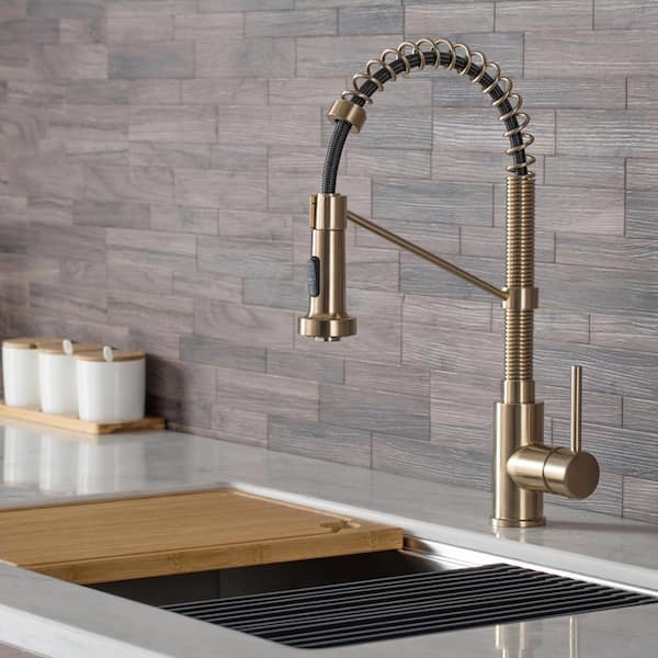 Single Handle 18-Inch Commercial Kitchen Faucet with Dual Function Pull-Down Sprayhead in Brushed Gold Finish