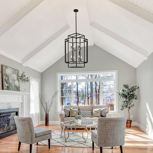 8-Light Black and Brushed Nickel Foyer Lantern Tiered Chandelier for Living Room Dining Room