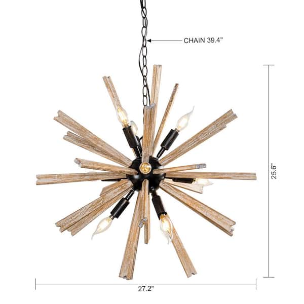 Rustic 9-Light Antique Black Candlestick Hanging Sputnik Chandelier with Natural Wood Bursts