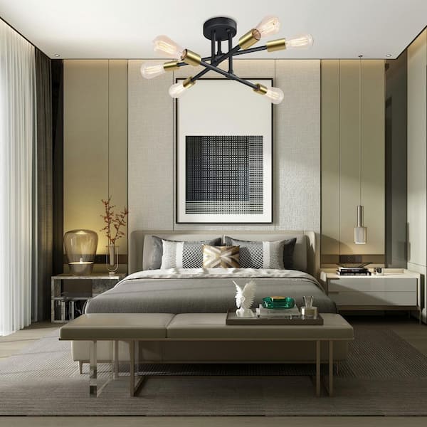 17.5 in. 6-Light Black Sputnik Semi-Flush Mount Ceiling Light