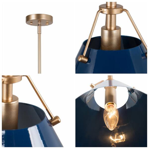 Modern Coastal Blue Mini Gold Pendant Light 0.7 ft. 1-Light Industrial Farmhouse Island Chandelier with Navy Blue Shade