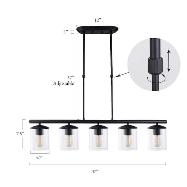 Modern 5-Light 37 in. Matte Black Linear Island Chandelier with Clear Glass Shades, Kitchen Hanging Pendant Light