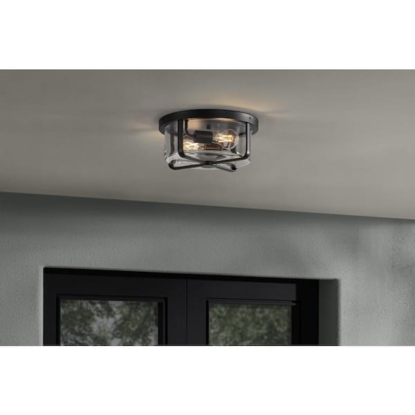 Greta 12 in. 2-Light Matte Black Transitional Outdoor Flush Mount Ceiling Light with Clear Glass Shade