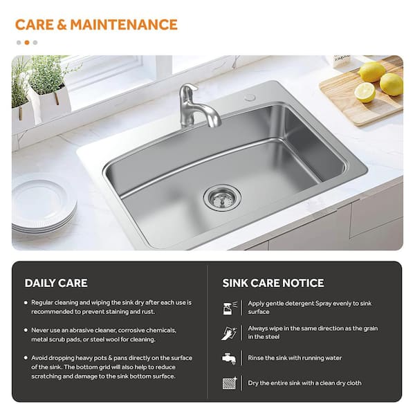 All-in-One Drop-In Stainless Steel 33 in. 2-Hole Single Bowl Kitchen Sink with Pull-Out Faucet