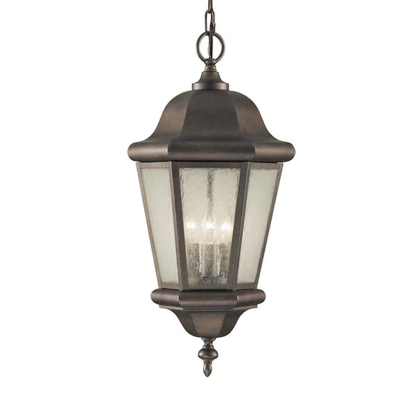 Martinsville 10.25 in. W. 3-Light Bronze Outdoor Corinthian Pendant with Clear Seeded Glass Panels