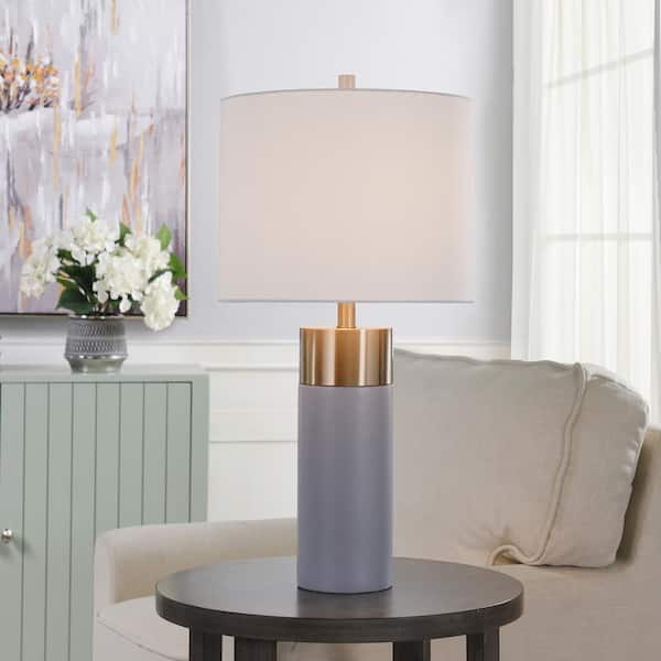 27.75 in. Soft Brass/Natural Concrete Table Lamp with Brussels White Hardback Fabric Shade