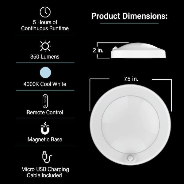 7.5 in. Battery Operated LED White 25-WH Rechargeable w/Remote Control 4000K Cool White Ceiling Fixture Light (1-Pack)